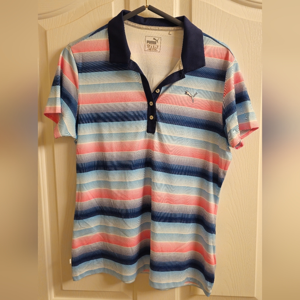 Puma Woen's Striped Polo Golf Shirt - Blue, Pink, White, XL